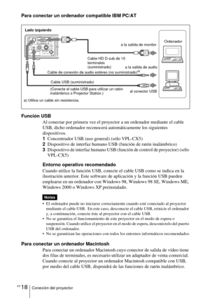 Page 114ES 18Conexión del proyector
Para conectar un ordenador compatible IBM PC/AT
Función USBAl conectar por primera vez el proyector a un ordenador mediante el cable 
USB, dicho ordenador reconocerá automáticamente los siguientes 
dispositivos.
1Concentrador USB (uso general) (sólo VPL-CX5)
2 Dispositivo de interfaz humano USB (función de ratón inalámbrico)
3 Dispositivo de interfaz humano USB (función de control de proyector) (sólo 
VPL-CX5)
Entorno operativo recomendado
Cuando utilice la función USB,...