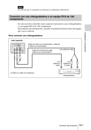 Page 11519 ESConexión del proyector
Instalación y proyección
El software que se suministra no funciona en ordenadores Macintosh. 
En esta sección se describe cómo conectar el proyector a una videograbadora 
y a un equipo RVA de 15k/ componente. 
Para obtener más información, consulte el manual de instrucciones del equipo 
que vaya a conectar. 
Para conectar una videograbadora  
Nota
Conexión con una videograbadora o un equipo RVA de 15k/ 
componente
ACCESS
AUDIO VIDEO POWER
SAVING
MENU
S VIDEO
TEMP/FAN...