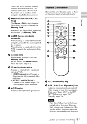 Page 1313 GBLocation and Function of Controls
Overview
control the mouse function with the 
supplied Remote Commander. The 
supplied application software (VPL-
CX5 only) can be installed in the 
computer attached to this connector.
3Memory Stick slot (VPL-CX5 
only)
The Memory Stick can be inserted. 
Never insert an object other than the 
Memory Stick.
For details, see the attached “Operating 
Instructions” for Memory Stick.
4AUDIO (stereo minijack) 
connector
When listening to sound output from the 
computer,...