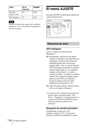 Page 130ES 34El menú AJUSTE
Cuando la relación de aspecto de la señal de 
entrada no es 4:3, una parte de la pantalla se 
muestra en negro.
El menú AJUSTE 
El menú AJUSTE se utiliza para cambiar los 
valores del proyector.
APA Inteligente
Activa o desactiva la opción APA 
Inteligente 1).
Sí:  normalmente, seleccione este ajuste.  
Cuando se introduce una señal desde un 
ordenador, la función APA funciona 
automáticamente para ofrecer una 
imagen nítida.  Una vez que la función 
APA Inteligente ha ajustado la...