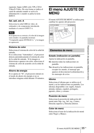 Page 13135 ESEl menú AJUSTE DE MENÚ
Realización de ajustes mediante el menú
siguiente: Input-A/MS (sólo VPL-CX5)/
Video/S-Video. De esta forma se indica el 
canal de entrada cuando se activa la 
alimentación o cuando se pulsa la tecla 
INPUT.
Sel. señ. ent. A
Selecciona la señal GBR de vídeo, de 
ordenador o de componente introducida 
mediante el conector INPUT A.
Si el ajuste no es correcto, el color de la imagen 
será extraño o la pantalla mostrará 
“Compruebe ajuste ENTRAD A.” y la imagen 
no aparecerá....