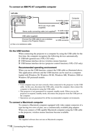 Page 18GB 18Connecting the Projector
To connect an IBM PC/AT compatible computer
On the USB function
When connecting the projector to a computer by using the USB cable for the 
first time, the computer recognizes the following devices automatically.
1USB hub (general use) (VPL-CX5 only)
2USB human interface device (wireless mouse function)
3USB human interface device (projector control function) (VPL-CX5 only)
Recommended operating environment
When you use the USB function, connect the USB cable as illustrated...