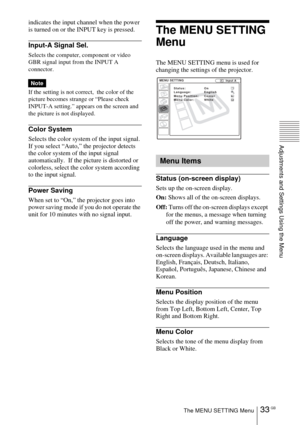Page 3333 GBThe MENU SETTING Menu
Adjustments and Settings Using the Menu
indicates the input channel when the power 
is turned on or the INPUT key is pressed.
Input-A Signal Sel.
Selects the computer, component or video 
GBR signal input from the INPUT A 
connector.
If the setting is not correct,  the color of the 
picture becomes strange or “Please check 
INPUT-A setting.” appears on the screen and 
the picture is not displayed.
Color System
Selects the color system of the input signal.
If you select “Auto,”...