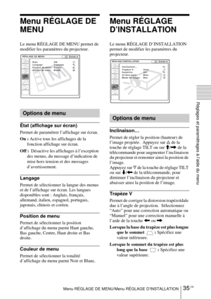 Page 8335 FRMenu RÉGLAGE DE MENU/Menu RÉGLAGE D’INSTALLATION
Réglages et paramétrages à l’aide du menu
Menu RÉGLAGE DE 
MENU
Le menu RÉGLAGE DE MENU permet de 
modifier les paramètres du projecteur.
État (affichage sur écran)
Permet de paramétrer l’affichage sur écran.
On : Active tous les affichages de la 
fonction affichage sur écran.
Off :   Désactive les affichages à l’exception 
des menus, du message d’indication de 
mise hors tension et des messages 
d’avertissement.
Langage
Permet de sélectionner la...