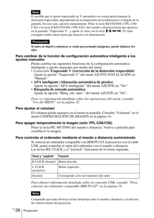 Page 134ES 26Proyección
Es posible que el ajuste trapezoidal en V automático no corrija perfectamente la 
distorsión trapezoidal, dependiendo de la temperatura de la habitación o el ángulo de la 
pantalla. En este caso, ajústela manualmente. Pulse la tecla KEYSTONE (VPL-CS6/
CX6) o la tecla D KEYSTONE (VPL-EX1) del mando a distancia hasta que aparezca 
en la pantalla “Trapezoide V”, y ajuste el valor con la tecla M/m/