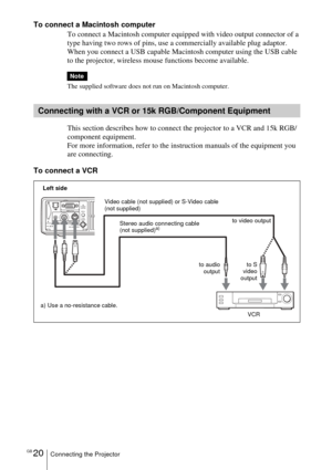 Page 20GB 20Connecting the Projector
To connect a Macintosh computer 
To connect a Macintosh computer equipped with video output connector of a 
type having two rows of pins, use a commercially available plug adaptor. 
When you connect a USB capable Macintosh computer using the USB cable 
to the projector, wireless mouse functions become available.
The supplied software does not run on Macintosh computer. 
This section describes how to connect the projector to a VCR and 15k RGB/
component equipment. 
For more...