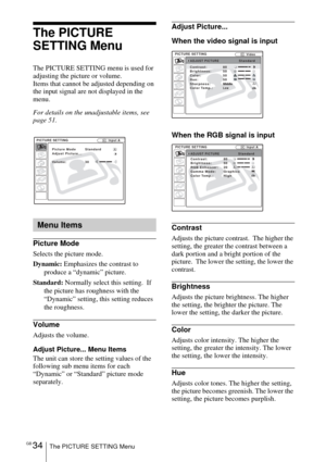 Page 34GB 34The PICTURE SETTING Menu
The PICTURE 
SETTING Menu
The PICTURE SETTING menu is used for 
adjusting the picture or volume. 
Items that cannot be adjusted depending on 
the input signal are not displayed in the 
menu. 
For details on the unadjustable items, see 
page 51.
Picture Mode
Selects the picture mode.
Dynamic: Emphasizes the contrast to 
produce a “dynamic” picture.
Standard: Normally select this setting.  If 
the picture has roughness with the 
“Dynamic” setting, this setting reduces 
the...