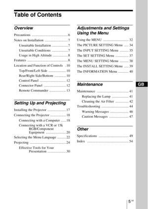 Page 55 GB
Table of Contents
GB
Overview
Precautions ......................................... 6
Notes on Installation  .......................... 7
Unsuitable Installation .................. 7
Unsuitable Conditions  .................. 7
Usage in High Altitude ................. 8
Features .............................................. 8
Location and Function of Controls   . 10
Top/Front/Left Side  .................... 10
Rear/Right Side/Bottom  ............. 10
Control Panel  .............................. 12...