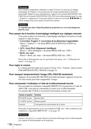 Page 80FR 26Projection
Pour certaines températures ambiantes et angles d’écran, il se peut que le réglage 
automatique de Trapèze V ne permette pas de corriger parfaitement la distorsion 
trapézoïdale. Réglez-la alors manuellement. Appuyez sur la touche KEYSTONE (VPL-
CS6/CX6) ou la touche D KEYSTONE (VPL-EX1) de la télécommande jusqu’à ce que 
« Trapèze V » apparaisse à l’écran, puis réglez la valeur avec la touche M/m/