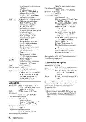 Page 104FR 50Spécificationssynchro négative (terminaison 
75 ohms)
C (chrominance) : salve
0,286 Vcc ± 2 dB (NTSC)
(terminaison 75 ohms), 
salve 0,3 Vcc ± 2 dB (PAL) 
(terminaison 75 ohms)
INPUT A HD D-sub à 15 broches (femelle)
RVB/composant analogique :
R/R-Y : 0,7 Vcc ±2 dB
(terminaison 75 ohms)
G : 0,7 Vcc ±2 dB
(terminaison 75 ohms)
G avec synchro/Y : 1 Vcc ±2 dB 
synchro négative 
(terminaison 75 ohms)
B/B-Y : 0,7 Vcc ±2 dB
(terminaison 75 ohms)
SYNC/HD :
Entrée synchro composite : 
1-5 Vcc haute...