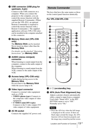 Page 1313 GBLocation and Function of Controls
Overview
2USB connector (USB plug for 
upstream, 4-pin)
Connect to the USB connector on a 
computer. When you connect the 
projector to the computer, you can 
control the mouse function with the 
supplied Remote Commander. (When 
you use the VPL-EX1, an optional 
Remote Commander is required to 
control the mouse function with a 
Remote Commander.)  The supplied 
application software (VPL-CX6 only) 
can be installed in the computer attached 
to this connector....