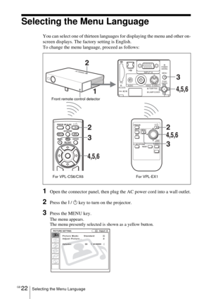 Page 22GB 22Selecting the Menu Language
Selecting the Menu Language
You can select one of thirteen languages for displaying the menu and other on-
screen displays. The factory setting is English.
To change the menu language, proceed as follows:
1Open the connector panel, then plug the AC power cord into a wall outlet.
2Press the I / 1 key to turn on the projector.
3Press the MENU key.
The menu appears.
The menu presently selected is shown as a yellow button.
I / 1
INPUT
FREEZE
MENU ENTER
KEYSTONEMS...