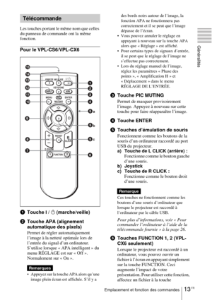 Page 6713 FREmplacement et fonction des commandes
Généralités
Les touches portant le même nom que celles 
du panneau de commande ont la même 
fonction.
Pour le VPL-CS6/VPL-CX6
1Touche 
I / 1 (marche/veille)
2Touche APA (alignement 
automatique des pixels)
Permet de régler automatiquement 
l’image à la netteté optimale lors de 
l’entrée du signal d’un ordinateur. 
S’utilise lorsque « APA intelligent » du 
menu RÉGLAGE est sur « Off ». 
Normalement sur « On ».
 Appuyez sur la touche APA alors qu’une 
image plein...