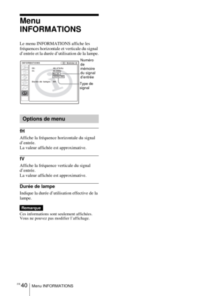 Page 94FR 40Menu INFORMATIONS
Menu 
INFORMATIONS
Le menu INFORMATIONS affiche les 
fréquences horizontale et verticale du signal 
d’entrée et la durée d’utilisation de la lampe.
fH
Affiche la fréquence horizontale du signal 
d’entrée.
La valeur affichée est approximative.
fV
Affiche la fréquence verticale du signal 
d’entrée.
La valeur affichée est approximative.
Durée de lampe
Indique la durée d’utilisation effective de la 
lampe.
Ces informations sont seulement affichées. 
Vous ne pouvez pas modifier...