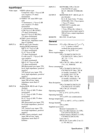 Page 5555Specifications
Others
Input/Output
Video input VIDEO: phono type
Composite video: 1 Vp-p ±2 dB 
sync negative (75 ohms 
terminated)
S VIDEO: Y/C mini DIN 4-pin 
type
Y (luminance): 1 Vp-p ±2 dB 
sync negative (75 ohms 
terminated)
C (chrominance): burst 
0.286 Vp-p ±2 dB (NTSC) 
(75 ohms terminated), 
burst 0.3 Vp-p ±2 dB (PAL) 
(75 ohms terminated)
AUDIO: stereo minijack
500 mVrms, impedance more 
than 47 kilohms
INPUT A HD D-sub15-pin (female)
Analog RGB/component:
R/R-Y: 0.7 Vp-p ±2 dB 
(75 ohms...