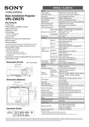 Page 1Basic Installation Projector
VPL‐CW275
WXGA / 5,100 lm
Optical
Light Output /
Color Light Output5100 lumens (Lamp mode: High) 
4200 lumens (Lamp mode: Standard) 
LCD Panels 0.75”x3 BrightEra LCD Panel 
Panel Display Resolution WXGA (1280x800 dots) 
Contrast Ratio 3,000:1  (Full white/full black) *
1
Light Source Ultra high‐pressure mercury lamp 280 W type
Recommended Lamp 
Replacement Time*
23000H (Lamp mode: High) 
4000H (Lamp mode: Standard) 
Filter Cleaning Cycle*
2Max. 4000H Same time as the lamp...