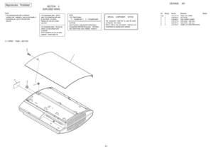 Page 31
3-1
Reproduction
Prohibited
CECHA00,
A01
SECTION
3
EXPLODED VIEWS
SC
Ref. No.
Part
No.
Description
Remark
3-1. UPPER 
PANE
L SECTION
NOTE:•The mechanical parts with no referencenumber in the 
exploded vi
ews a
re not supplie
d.
•Accessories are 
given in the last of this
parts list.
The components identi
fied by
mark
 or dotted line with mark
 are critical 
for sa
fety.
Replace only with part numberspeci
fied.
Les composants identi
fiés par une
marque
 sont critiques pour
lasécurité.Ne les remplacer que...