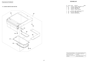 Page 37
3-7
Reproduction
 Prohibited
CECHA00,
 A01
SC
Ref. No.
Part
 No.
Description
Remark
3-7. LOADING COMPLETE
 ASS
Y SECTION
S
301
9-910-001-4
7
SERVICE, LOADING COMPLETE ASSY
U
302
A-1203-908-
A
LOADING
 BLOCK ASSY
S
303
2-894-364-0
2
SPRING (MD), LEAF
S
304
3-948-339-1
2
SCRE
W, TAPPING
S
305
3-082-653-1
1
0 PART-NO. 3 MAIN M2
S
306
1-833-479-1
1
CABLE, FLEXIBLE FL
AT (FFC-060)
S
307
A-1267-249-
A
BMD-001 COMPL (SERVICE)
S
308
2-698-708-0
2
CUSHION (PWB)
S
309
9-910-001-4
8
SHIELD ASSY (MD)
The components...