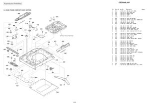 Page 39
3-9
Reproduction
 Prohibited
CECHA00,
 A01
SC
Ref. No.
Part
 No.
Description
Remark
3-9. BASE FRAME COMPLETE
 ASS
Y SECTION
417
401402
435403
404
404
#3
404
404
404
405
406
407
407
436
408
409
410
411
412
413
412
419
423
414
415
416
418
OPTICAL PICK-UP SECTION
420
421
422
424
424
425
434
426427428
429430
431
432
433
U
401
X-2149-112-
1
ARM SUB ASS
Y, SWING
U
402
2-698-620-0
1
GEAR (SWING ARM)
U
403
2-698-633-0
1
WASHER
 (GEAR)
U
404
2-059-635-1
1
SCREW
U
405
2-698-466-0
1
GEAR
 (A)
U
406
2-698-467-0
1...