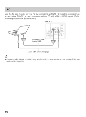 Page 1616
PC
Use the TV as a monitor for your PC by connecting an HD15-HD15 cable connection as 
shown below. This TV can also be connected to a PC with a DVI or HDMI output. (Refer 
to the separate Quick Setup Guide.)
 Connect the PC IN jack to the PC using an HD15-HD15 cable with ferrite core (analog RGB) and 
audio cable (page 11).
Rear of TV
HD15-HD15 cable 
(analog RGB)
Audio cable (stereo mini plugs) 