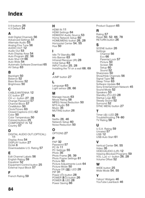 Page 8484
Index
0-9 buttons 264:3 Default 54
A
Add Digital Channels 56Advanced Settings 51Alternate Audio 53Analog Fine Tune 56AUDIO OUT 12Audio Out 53Auto Display Area 54Auto Program 22, 56Auto Shut Off 66Auto Wide 54Automatic Software Download 65AV Setup 63
B
Backlight 50Balance 52Bass Booster 52Brightness 50
CCABLE/ANTENNA 12CC button 27CH +/– button 27, 28Change Password 57Channel Block 57CineMotion 50Clock/Timers 63Closed Captions (CC) 62Color 50Color Temperature 50Colored buttons 25COMPONENT IN 12Country...