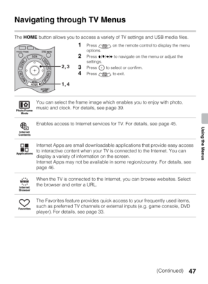 Page 4747
Using the Menus
Using the Menus
Navigating through TV Menus
The HOME button allows you to access a variety of TV settings and USB media files.
1Press   on the remote control to display the menu 
options.
2Press V/v/B/b to navigate on the menu or adjust the 
settings.
3Press   to select or confirm.
4Press   to exit.
You can select the frame image which enables you to enjoy with photo, 
music and clock. For details, see page 39. 
Enables access to Internet services for TV. For details, see page 45....