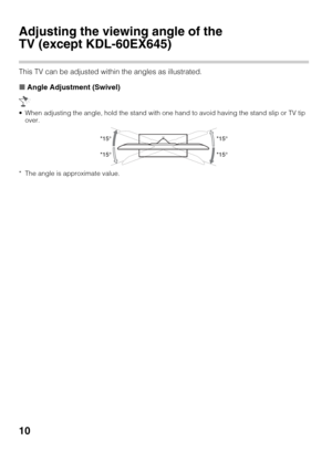 Page 1010
Adjusting the viewing angle of the 
TV (except KDL-60EX645)
This TV can be adjusted within the angles as illustrated.
xAngle Adjustment (Swivel)
 When adjusting the angle, hold the stand with one hand to avoid having the stand slip or TV tip 
over.
* The angle is approximate value.
*15°
*15°*15°
*15° 