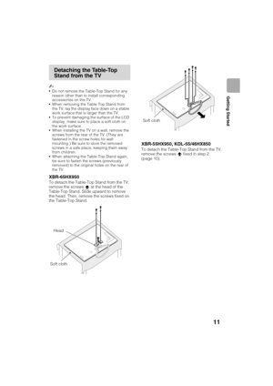 Page 11D:\TVs JOB\SONY TV\SY120099_B6 (Rev-2)\Group B6 (Rev-
2)\!1986121\4411986121\US03STU.fm
XBR-65HX950/55HX950/KDL-55HX850/46HX850
4-411-986-12(1)
11
Getting Started
~
Do not remove the Table-Top Stand for any 
reason other than to install corresponding 
accessories on the TV.
When removing the Table-Top Stand from 
the TV, lay the display face down on a stable 
work surface that is larger than the TV.
To prevent damaging the surface of the LCD 
display, make sure to place a soft cloth on 
the work...