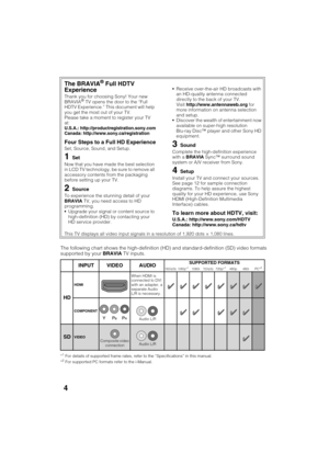 Page 4D:\TVs JOB\SONY TV\SY120099_B6 (Rev-2)\Group B6 (Rev-
2)\!1986121\4411986121\US02REG.fm
XBR-65HX950/55HX950/KDL-55HX850/46HX850
4-411-986-12(1)
4
The following chart shows the high-definition (HD) and standard-definition (SD) video formats 
supported by your BRAVIA TV inputs.
*1For details of supported frame rates, refer to the “Specifications” in this manual.
*2For supported PC formats refer to the i-Manual.
The BRAVIA® Full HDTV 
Experience
Thank you for choosing Sony! Your new 
BRAVIA® TV opens the...