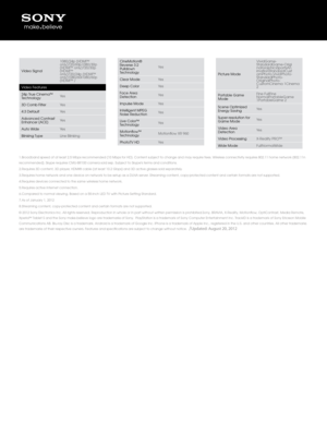 Page 41\bBroadband speed of a\jt least 2\b5 Mbps recommended (10 Mbp\js for HD)\b Content \jsubject to change a\jnd may require fees\b Wireless connectivity\j requires 802\b11 home net\f\jork (802\b11n 
recommended)\b Skype \jrequires CMU-BR100 camera sold sep\b Subject\j to Skype's terms and conditions\b
2\bRequires 3D content, 3D \jplayer, HDMI® cable (at \jleast 10\b2 Gbps) an\jd 3D active glasse\js sold separately\b
3\bRequires home net\fork and one device o\jn net\fork to be setup as a\j DLNA server\b...