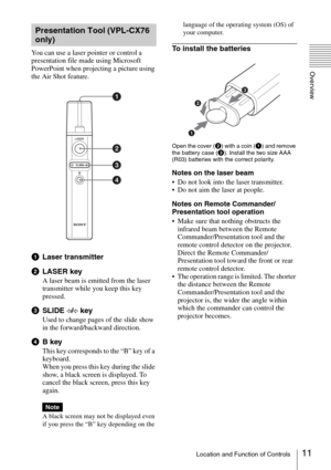 Page 1111Location and Function of Controls
Overview
You can use a laser pointer or control a 
presentation file made using Microsoft 
PowerPoint when projecting a picture using 
the Air Shot feature.
aLaser transmitter
bLASER key
A laser beam is emitted from the laser 
transmitter while you keep this key 
pressed.
cSLIDE G/g key
Used to change pages of the slide show 
in the forward/backward direction.
dB key
This key corresponds to the “B” key of a 
keyboard.
When you press this key during the slide 
show, a...