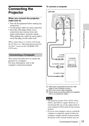 Page 1313Connecting the Projector
Projecting the Picture
Connecting the 
Projector
When you connect the projector, 
make sure to:
 Turn off all equipment before making any 
connections.
 Use the proper cables for each connection.
 Insert the cable plugs firmly; loose 
connections may increase noise and 
reduce performance of picture signals. 
When pulling out a cable, be sure to pull it 
out by the plug, not the cable itself
When connecting to a wireless LAN using 
the Air Shot, see “Operating Instructions...