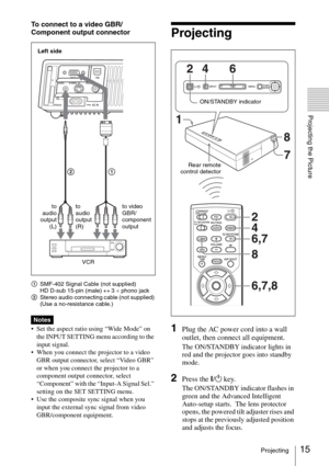 Page 1515Projecting
Projecting the Picture
To connect to a video GBR/
Component output connector
ASMF-402 Signal Cable (not supplied)
HD D-sub 15-pin (male) ↔ 3 × phono jack 
BStereo audio connecting cable (not supplied)
 
(Use a no-resistance cable.)
 Set the aspect ratio using “Wide Mode” on 
the INPUT SETTING menu according to the 
input signal.
 When you connect the projector to a video 
GBR output connector, select “Video GBR” 
or when you connect the projector to a 
component output connector, select...