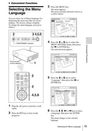 Page 1919Selecting the Menu Language
Convenient Functions
BConvenient Functions
Selecting the Menu 
Language
You can select one of fifteen languages for 
displaying the menu and other on-screen 
displays. The factory setting is English.
To change the menu language, proceed as 
follows:
1Plug the AC power cord into a wall 
outlet.
2Press the ?/1 key to turn on the 
projector.
3Press the MENU key.
The menu appears.
The menu currently selected is shown as 
a yellow button.
4Press the M or m key to select the 
MENU...