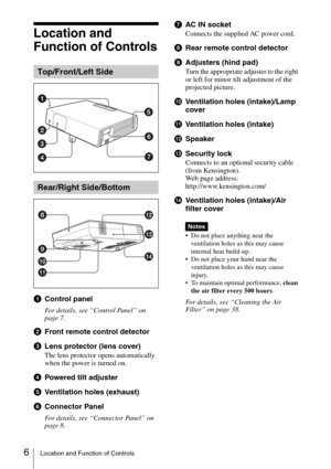 Page 66Location and Function of Controls
Location and 
Function of Controls
aControl panel
For details, see “Control Panel” on 
page 7.
bFront remote control detector
cLens protector (lens cover)
The lens protector opens automatically 
when the power is turned on.
dPowered tilt adjuster
eVentilation holes (exhaust)
fConnector Panel
For details, see “Connector Panel” on 
page 8.
gAC IN socket
Connects the supplied AC power cord.
hRear remote control detector
iAdjusters (hind pad)
Turn the appropriate adjuster...