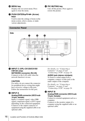 Page 1616Location and Function of Controls (Main Unit)
fMENU key
Displays the on-screen menu. Press 
again to clear the menu.
gPUSH ENTER/v/V/b/B (Arrow) 
keys
Used to enter the settings of items in the 
menu system, select a menu, or make 
various adjustments.
hPIC MUTING key
Cuts off the picture. Press again to 
restore the picture.
aINPUT C (VPL-CX125/CX155/
CW125 only)
NETWORK connector (RJ-45)
Connects to the LAN cable when the 
network function is in use.
CAUTION
For safety, do not connect the connector...