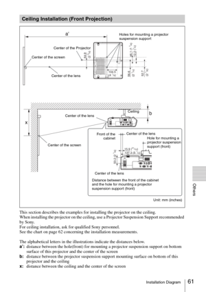 Page 6161Installation Diagram
Others
This section describes the examples for installing the projector on the ceiling.
When installing the projector on the ceiling, use a Projector Suspension Support recommended 
by Sony.
For ceiling installation, ask for qualified Sony personnel.
See the chart on page 62 concerning the installation measurements.
The alphabetical letters in the illustrations indicate the distances below.
a’:distance between the hole(front) for mounting a projector suspension support on bottom...