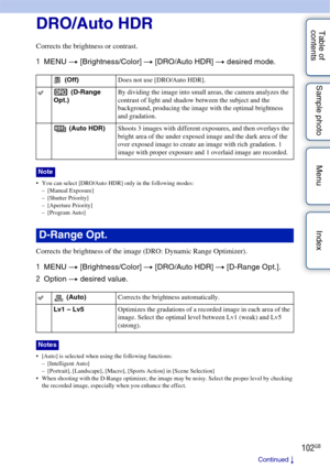 Page 102102GB
Table of 
contents Sample photo Menu IndexDRO/Auto HDR
Corrects the brightness or contrast.
1
MENU  t [Brightness/Color]  t [DRO/Auto HDR]  t desired mode.
 You can select [DRO/Auto HDR] only in the following modes:
–[Manual Exposure]
– [Shutter Priority]
– [Aperture Priority]
– [Program Auto]
Corrects the brightness of the image (DRO: Dynamic Range Optimizer).
1 MENU  t [Brightness/Color]  t [DRO/Auto HDR]  t [D-Range Opt.].
2 Option  t desired value.
 [Auto] is selected when using the following...