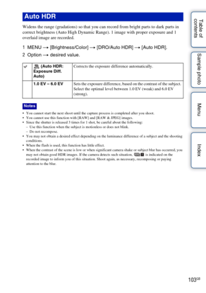 Page 103103GB
Table of 
contents Sample photo Menu Index
Widens the range (gradations) so that you can record from bright parts to dark parts in 
correct brightness (Auto High Dynamic Range). 1 image with proper exposure and 1 
overlaid image are recorded.
1
MENU  t [Brightness/Color]  t [DRO/Auto HDR]  t [Auto HDR].
2 Option  t desired value.
 You cannot start the next shoot until the capture process is completed after you shoot.
 You cannot use this function with [RAW] and [RAW & JPEG] images.
 Since the...