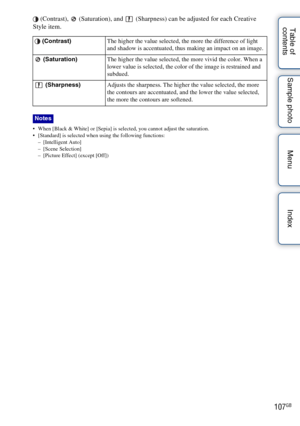 Page 107107GB
Table of 
contents Sample photo Menu Index (Contrast),   (Saturation), and   (Sharpness) can be adjusted for each Creative 
Style item.
 When [Black & White] or [Sepia] is selected, you cannot adjust the saturation.
 [Standard] is selected when using the following functions:
– [Intelligent Auto]
– [Scene Selection]
– [Picture Effect] (except [Off])
 (Contrast) The higher the value selected, the more the difference of light 
and shadow is accentuated, thus making an impact on an image.
 (Saturation)...