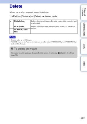 Page 108108GB
Table of 
contents Sample photo Menu IndexDelete
Allows you to select unwanted images for deletion.
1
MENU  t [Playback]  t [Delete] t  desired mode.
 You can select up to 100 images.
 “AVCHD View movies” are movies that were recorded in the [AVCHD 60i/60p] or [AVCHD 50i/50p] 
mode of [File Format].
Multiple Img. Deletes the selected images. Press the center of the control wheel 
to select OK.
All in Folder Deletes all images in the selected folder, or all AVCHD View 
movies.
All AVCHD view 
files...