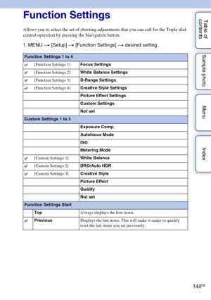 Page 144144GB
Table of 
contents Sample photo Menu IndexFunction Settings
Allows you to select the set of shooting adjustments that you can call for the Triple-dial-
control operation by pressing the Navigation button.
1
MENU  t [Setup]  t [Function Settings] t  desired setting.
Function Settings 1 to 4
[Function Settings 1] Focus Settings
[Function Settings 2]White Balance Settings
[Function Settings 3]D-Range Settings
[Function Settings 4]Creative Style Settings
Picture Effect Settings
Custom Settings
Not set...