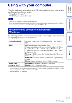 Page 177177GB
Table of 
contents Sample photo Menu IndexUsing with your computer
Following applications are contained on the CD-ROM (supplied) to allow more versatile 
use of images shot with your camera.
 “Image Data Converter”
 “PMB” (Picture Motion Browser)
 “PMB” is not compatible with Macintosh computers.
 If you have installed the same software, but with a lower version number than the one on the CD-ROM, 
on your computer, install the software from the supplied CD-ROM, also.
The following computer...