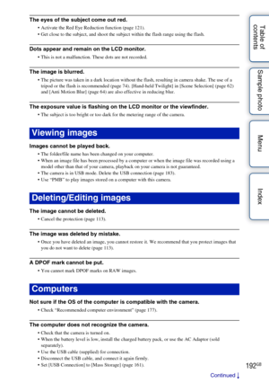 Page 192192GB
Table of 
contents Sample photo Menu IndexThe eyes of the subject come out red.
 Activate the Red Eye Reduction function (page 121).
 Get close to the subject, and shoot the subject within the flash range using the flash.
Dots appear and remain on the LCD monitor.
 This is not a malfunction. These dots are not recorded.
The image is blurred.
 The picture was taken in a dark location without the flash, resulting in camera shake. The use of a 
tripod or the flash is recommended (page 74). [Hand-held...
