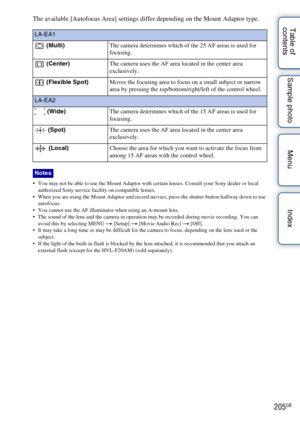 Page 205205GB
Table of 
contents Sample photo Menu IndexThe available [Autofocus Area] settings differ depending on the Mount Adaptor type.
• You may not be able to use the Mount Adaptor with certain lenses. Consult your Sony dealer or local 
authorized Sony service facility on compatible lenses.
 When you are using the Mount Adaptor and record movies, press the shutter button halfway down to use  autofocus.
 You cannot use the AF illuminator when using an A-mount lens.
 The sound of the lens and the camera in...