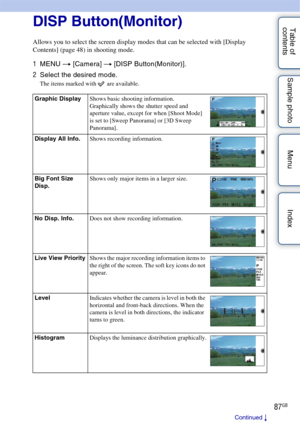 Page 8787GB
Table of 
contents Sample photo Menu IndexDISP Button(Monitor)
Allows you to select the screen display modes that can be selected with [Display 
Contents] (page 48) in shooting mode.
1
MENU  t [Camera]  t [DISP Button(Monitor)].
2 Select the desired mode.
The items marked with   are available.
Graphic Display Shows basic shooting information.
Graphically shows the shutter speed and 
aperture value, except for when [Shoot Mode] 
is set to [Sweep Panorama] or [3D Sweep 
Panorama].
Display All Info....