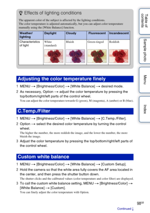 Page 9898GB
Table of 
contents Sample photo Menu Index
1
MENU  t [Brightness/Color]  t [White Balance]  t desired mode.
2 As necessary, Option  t adjust the color temperature by pressing the 
top/bottom/right/left parts of the control wheel.
You can adjust the color temperature towards G (green), M (magenta), A (amber) or B (blue).
1 MENU  t [Brightness/Color]  t [White Balance]  t [C.Temp./Filter].
2 Option  t select the desired color temperature by turning the control 
wheel.
The higher the number, the more...