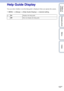 Page 152152GB
Table of 
contents Sample photo Menu IndexHelp Guide Display
You can select whether or not the help guide is displayed when you operate the camera.
1
MENU  t [Setup]  t [Help Guide Display] t  desired setting.
OnDisplays the help guide.
Off Does not display the help guide. 