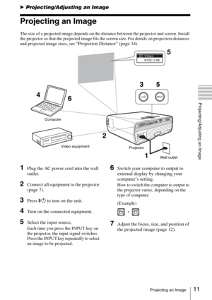 Page 1111Projecting an Image
Projecting/Adjusting an Image
BProjecting/Adjusting an Image
Projecting an Image
The size of a projected image depends on the distance between the projector and screen. Install 
the projector so that the projected image fits the screen size. For details on projection distances 
and projected image sizes, see 
“Projection Distance” (page 34).
1Plug the AC power cord into the wall 
outlet.
2Connect all equipment to the projector 
(page 7).
3Press ?/1 to turn on the unit.
4Turn on the...