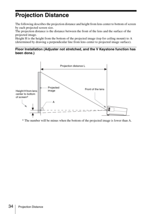 Page 3434Projection Distance
Projection Distance
The following describes the projection distance and height from lens center to bottom of screen 
by each projected screen size.
The projection distance is the distance between the front of the lens and the surface of the 
projected image.
Height H is the height from the bottom of the projected image (top for ceiling mount) to A 
(determined by drawing a perpendicular line from lens center to projected image surface).
Floor Installation (Adjuster not stretched,...